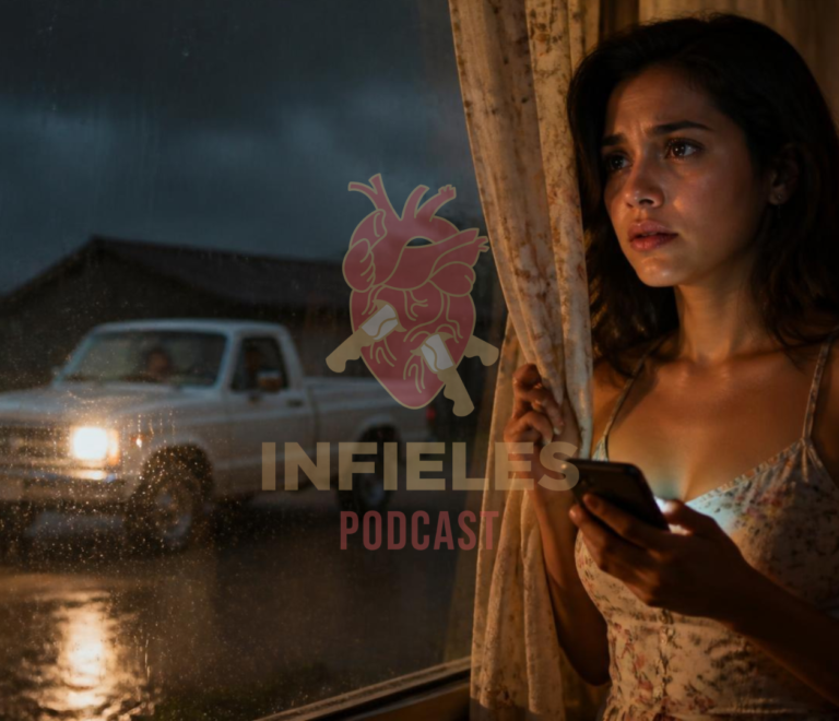 Mujer en la ventana de noche bajo la lluvia mira una camioneta afuera con su celular en la mano, ¿novia o amante?