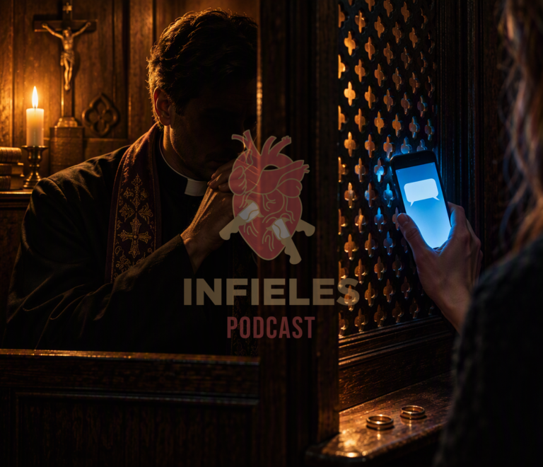 Sacerdote mira un mensaje en su celular junto a una Biblia y dos anillos de boda, la infidelidad según la iglesia