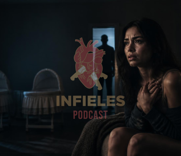 Mujer de noche junto a dos cunas vacías y la silueta de un hombre detrás, relato real
